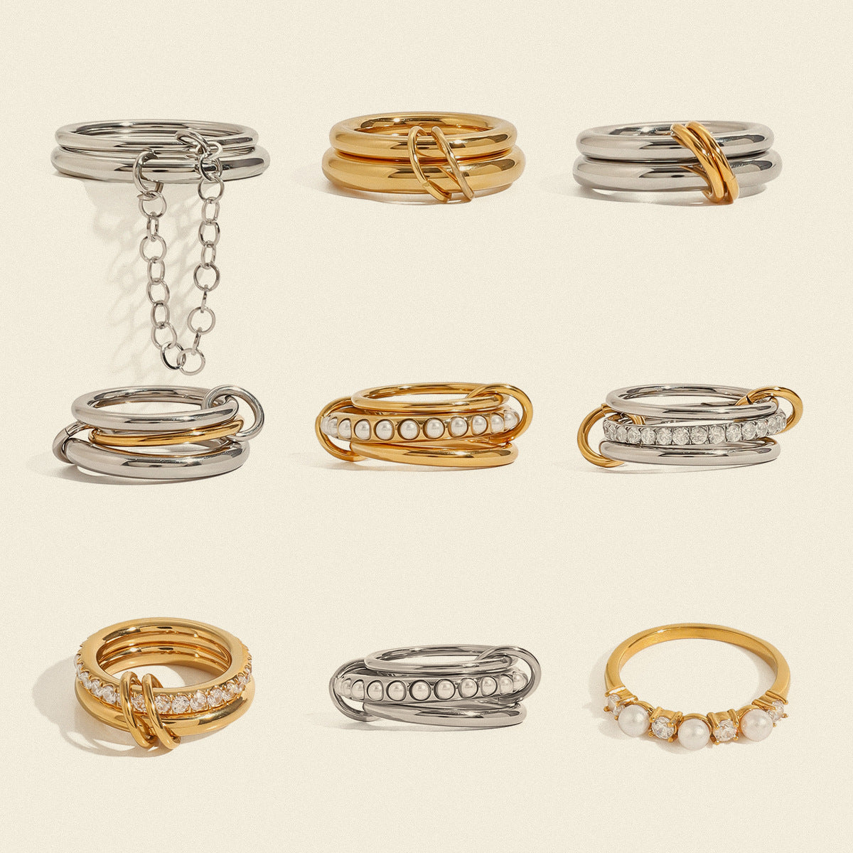 Gold-Tone Multi-Ring Set – Pearl, Zirconia, Stackable Fashion Rings for Women