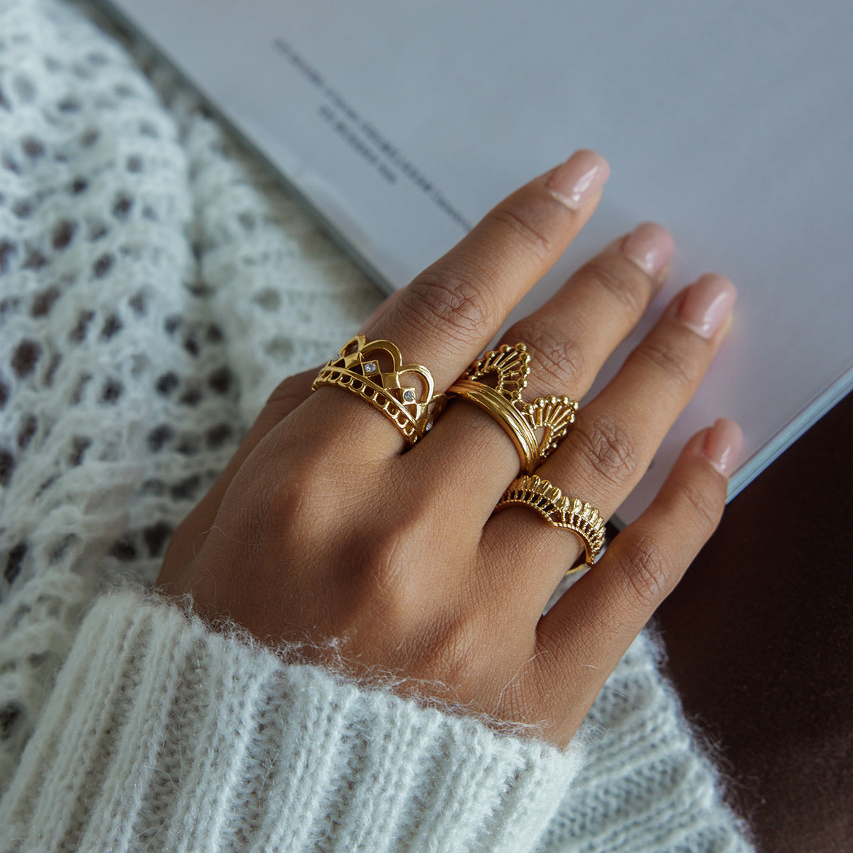 Vintage Stackable Rings – Baroque Crown, Pearl & Lace Design, Statement Finger Rings for Women