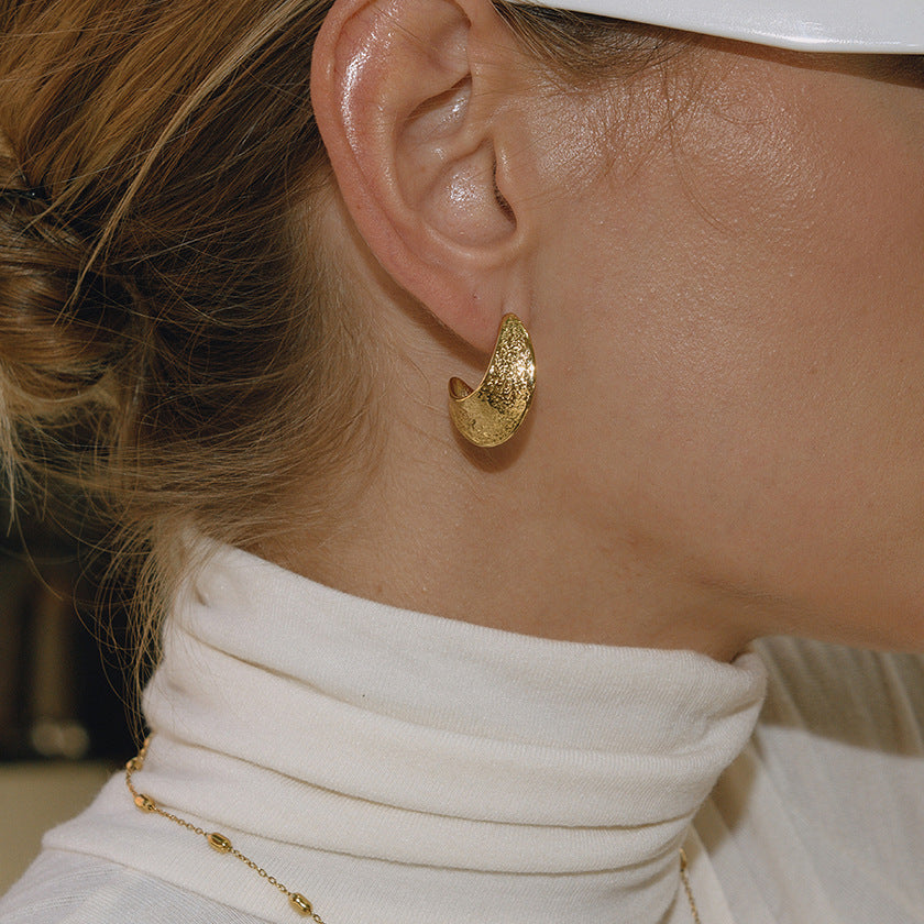 Titanium Steel Hammered Textured Openwork C-Hoop Earrings