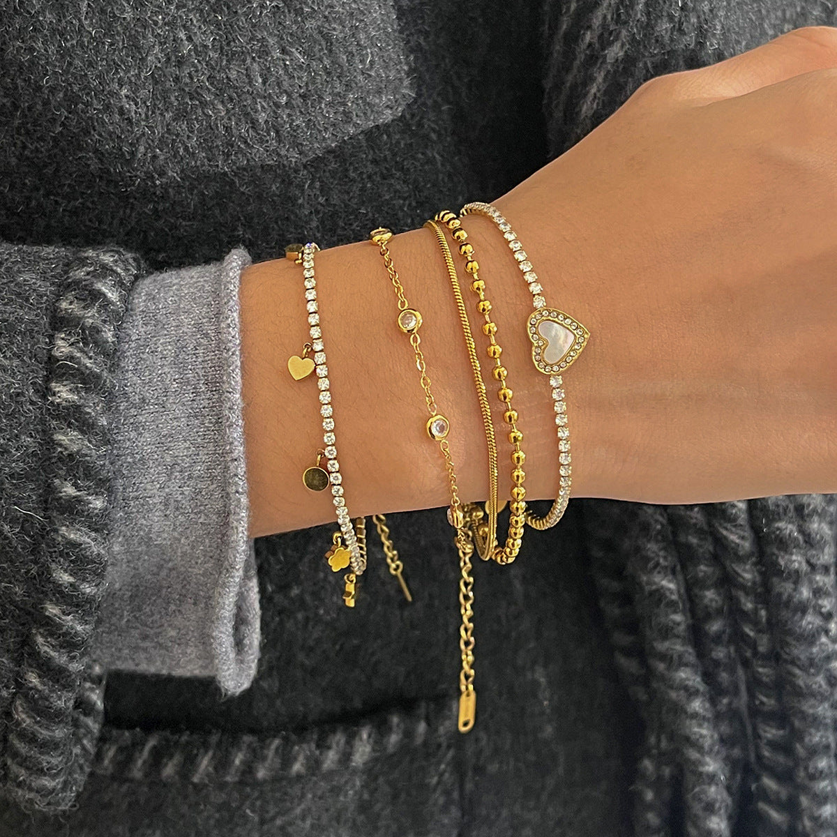 Layered Bracelet Set with Heart Pendant, Beads & Diamonds