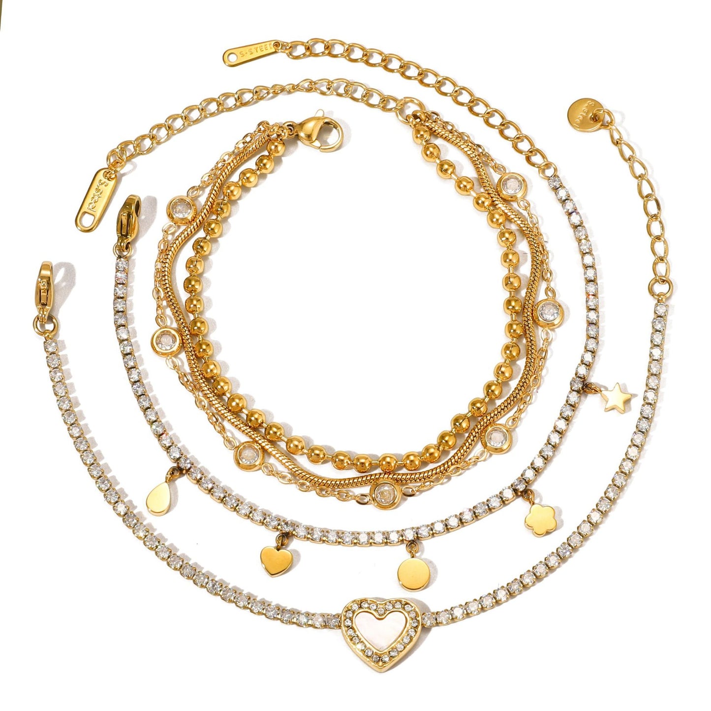 Layered Bracelet Set with Heart Pendant, Beads & Diamonds