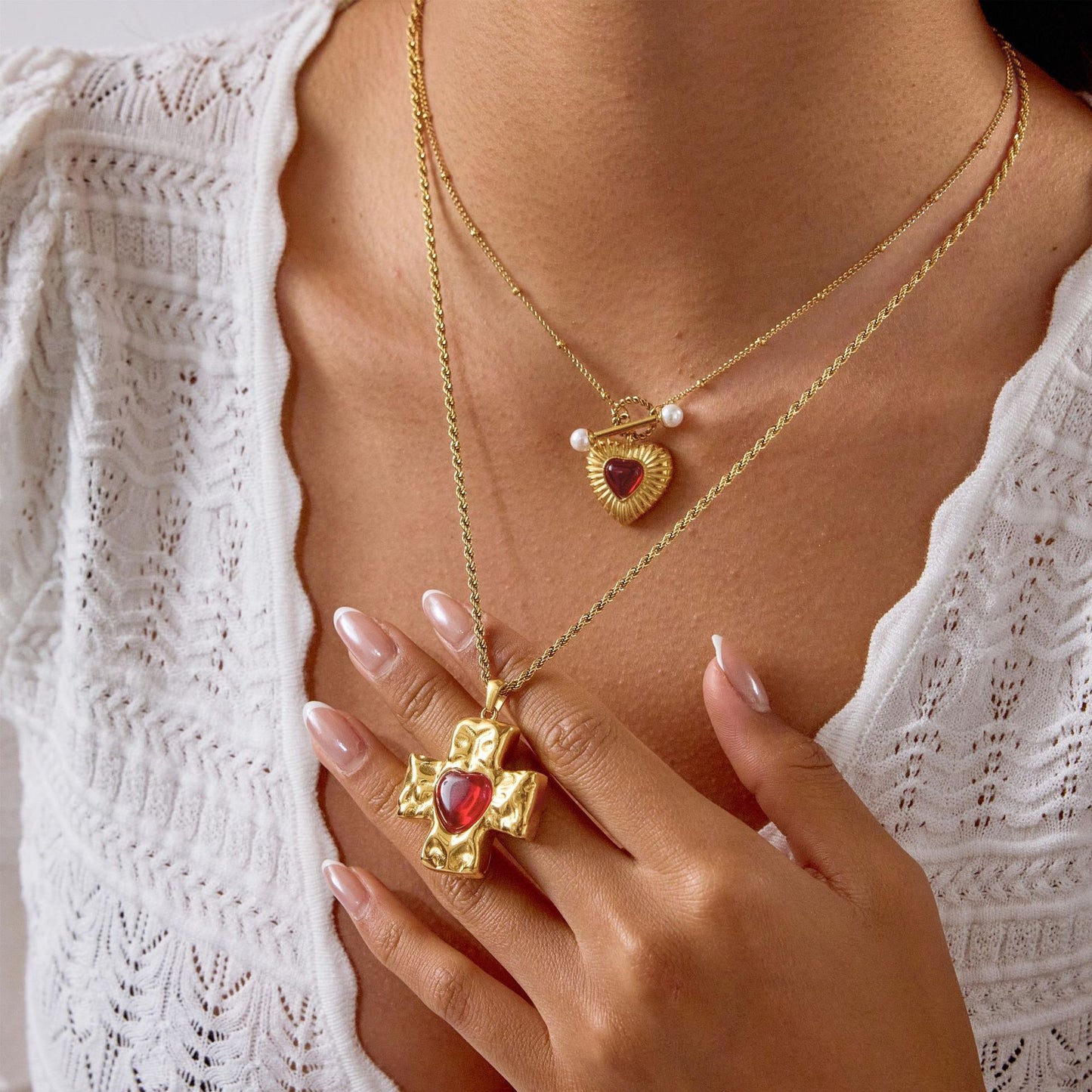 Titanium Steel Crucifix Necklace with Red Agate Inlay