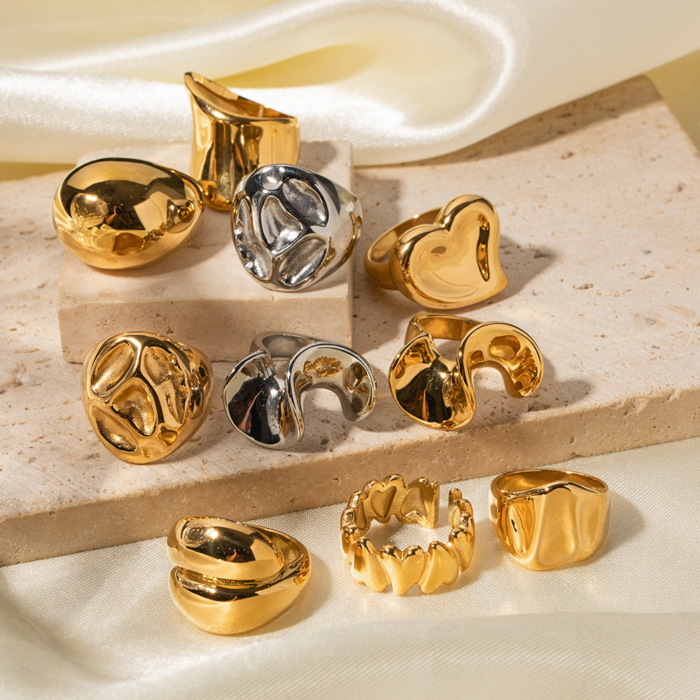 Gold & Silver Stackable Rings – Wide Textured Band, Wave Ring & Geometric Square Ring for Women