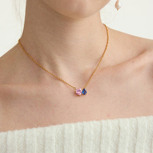 Gold - plated Necklace with Pink and Blue Heart - shaped Pendants