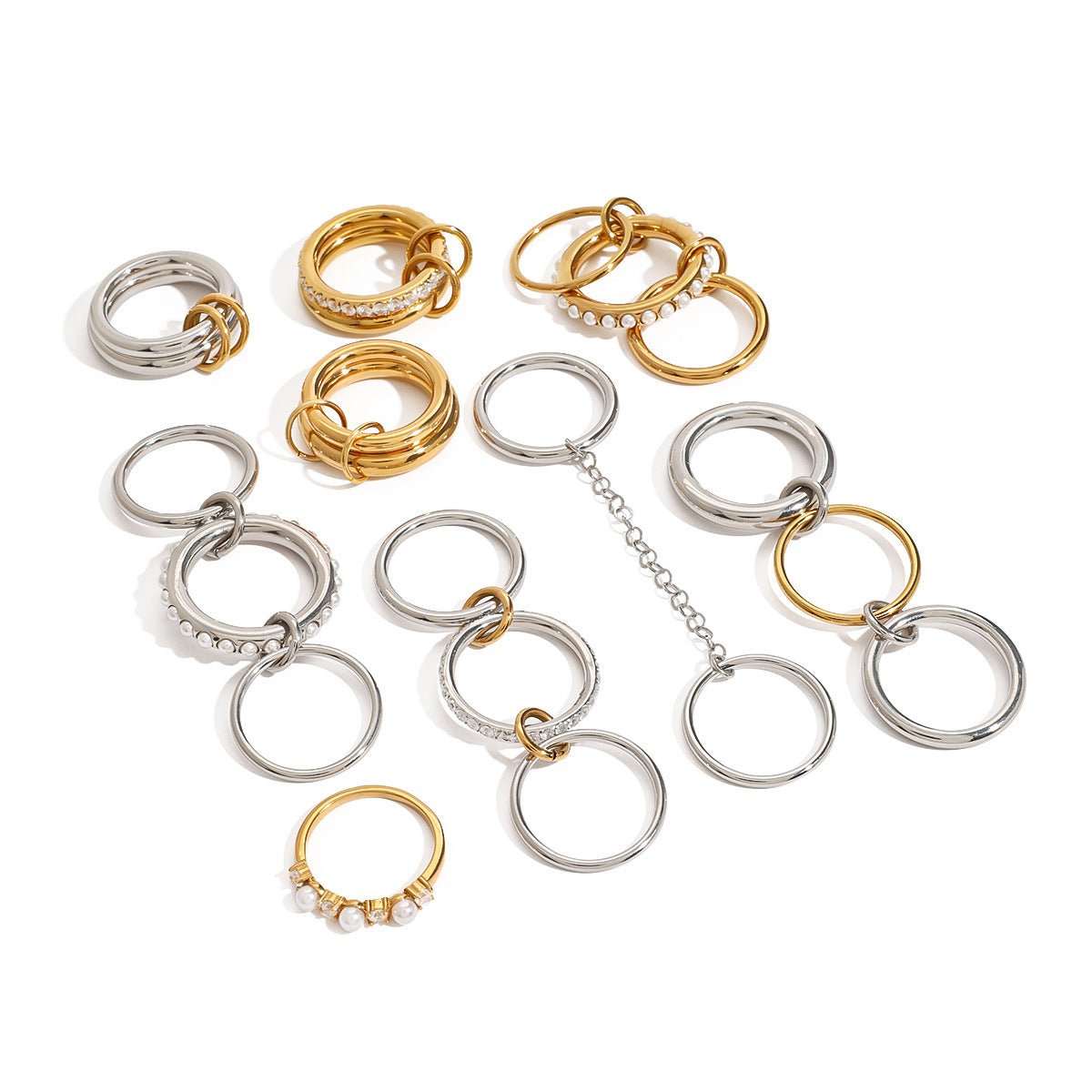Gold-Tone Multi-Ring Set – Pearl, Zirconia, Stackable Fashion Rings for Women