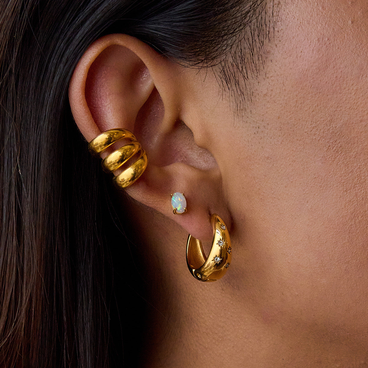 Gold Star Moon Hoops with CZ Gems, Lightweight Stud Earrings for Women Girl Jewelry Gifts