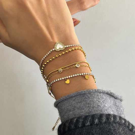 Layered Bracelet Set with Heart Pendant, Beads & Diamonds