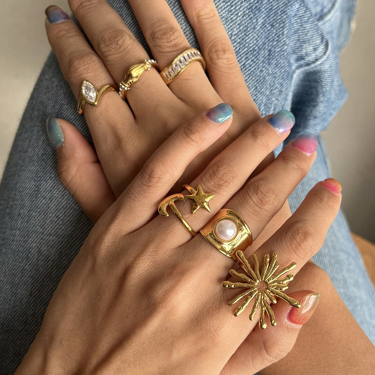 Bohemian Ocean-Inspired Stackable Rings – Star, Snake & Sunflower Designs, Gold-Tone Metal Jewelry for Women