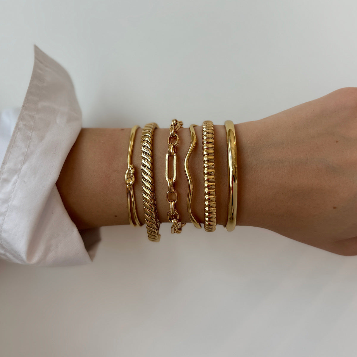 Gold Layered Bracelet Set with Braided, Cuban, Wave, Beaded & Plain Bangles