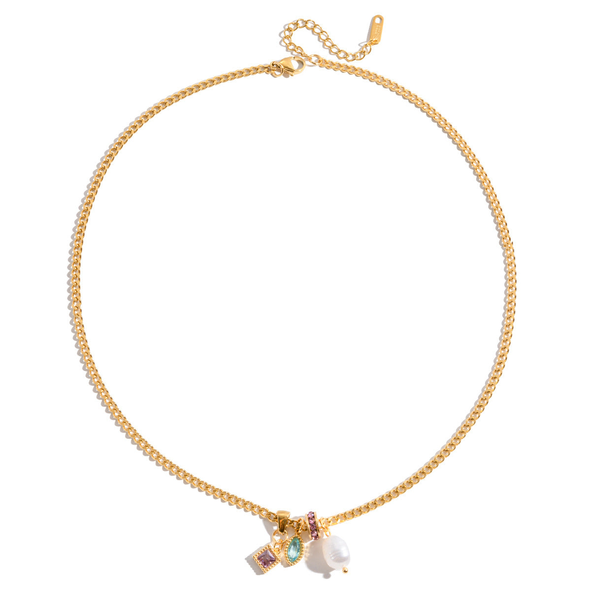 Gold - Plated Choker Necklace with Colorful Charms and Pearl
