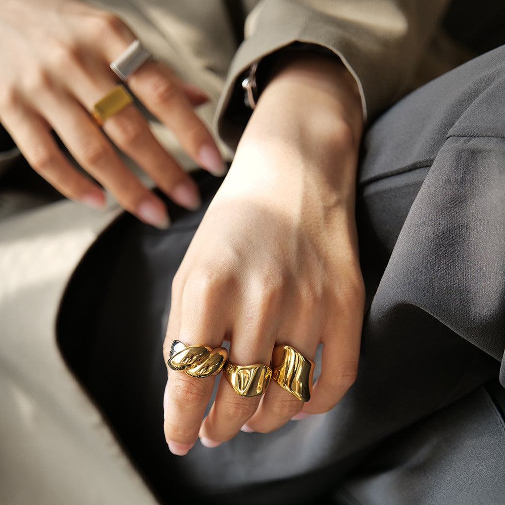 Gold & Silver Stackable Rings – Wide Textured Band, Wave Ring & Geometric Square Ring for Women
