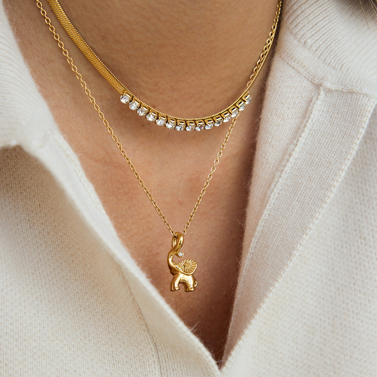 Layered Necklaces with Diamond - Accented Chain and Elephant Pendant