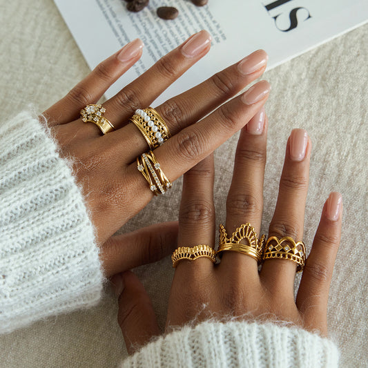 Vintage Stackable Rings – Baroque Crown, Pearl & Lace Design, Statement Finger Rings for Women