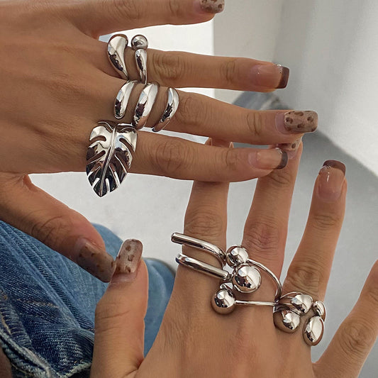 Silver Statement Rings Set – Sculptural Leaf, Stackable Bands & Joint Ring for Women