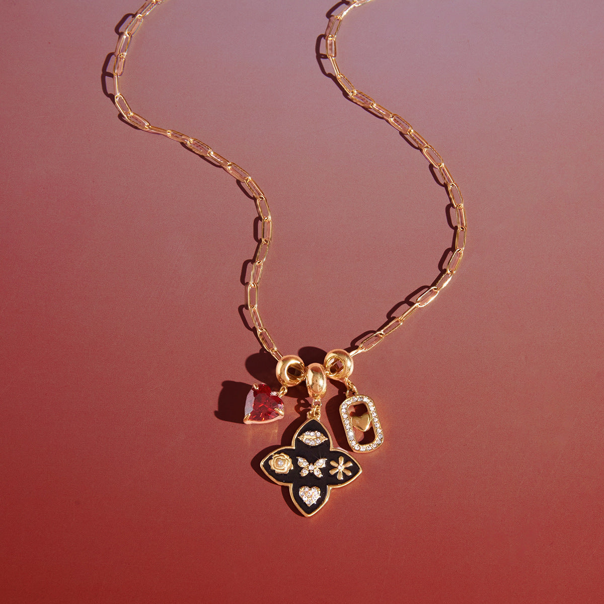 Gold - Plated Multicharm Necklace with Heart and Butterfly Charms