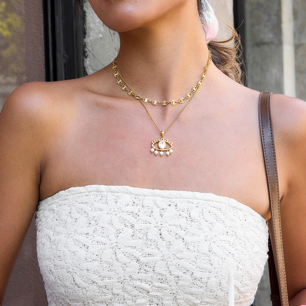 Golden Eye - shaped Pendant Necklace with Pearls