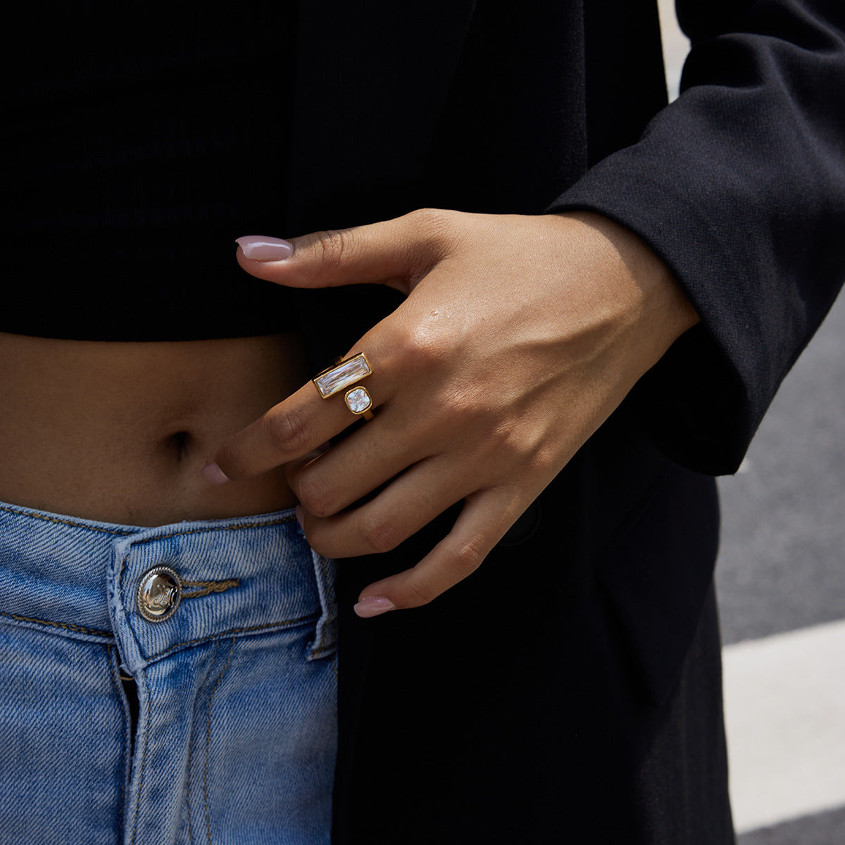 Vintage Two-Stone Ring – Rectangle Cut Crystal & Oval Milky Gemstone, Adjustable Open Band Boho Statement Ring for Women