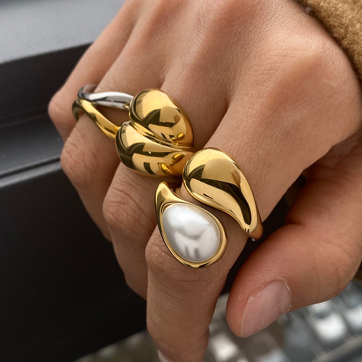 Organic Textured Gold Rings – Pearl & Metal Ball Statement Ring Set for Women