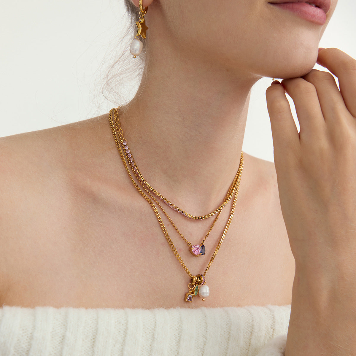 Gold - plated Necklace with Pink and Blue Heart - shaped Pendants