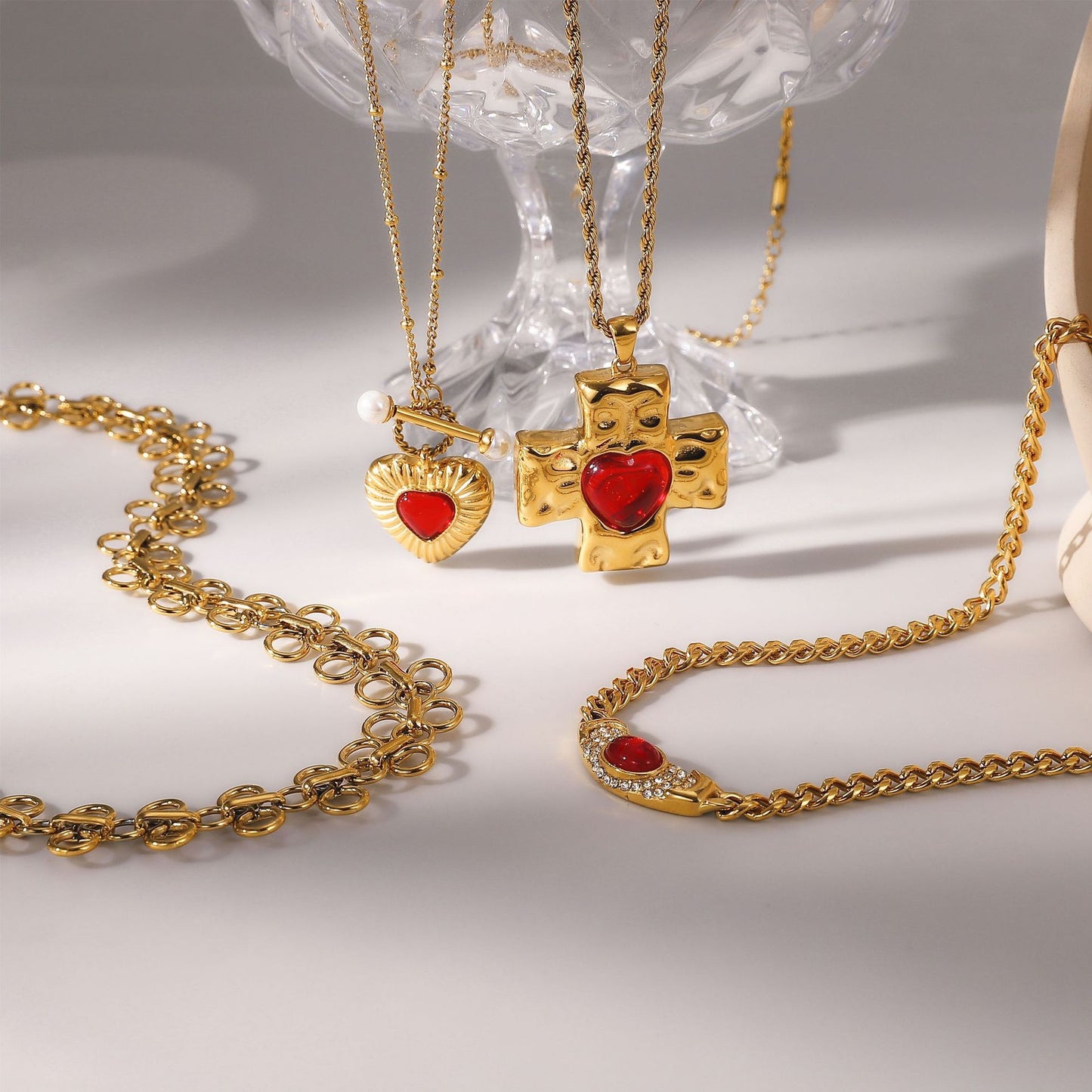 Titanium Steel Crucifix Necklace with Red Agate Inlay