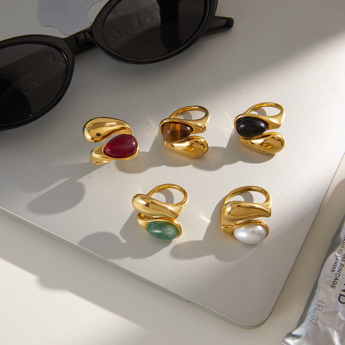 Asymmetric Two-Stone Ring – Green Jade, Mother-of-Pearl Ring for Women