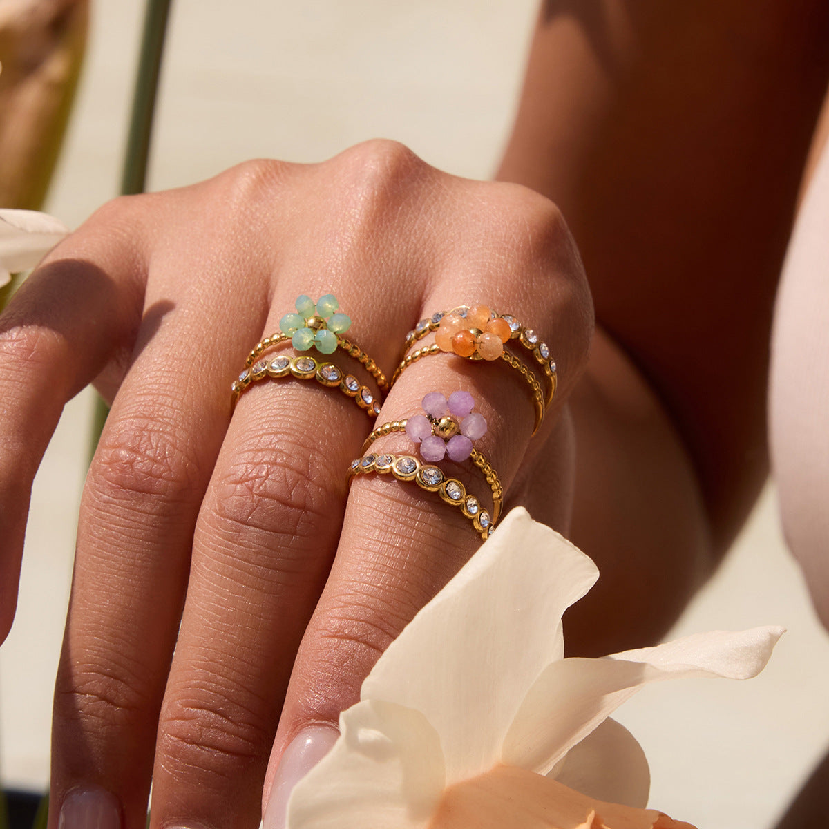 Stainless Steel Crystal Flower Ring