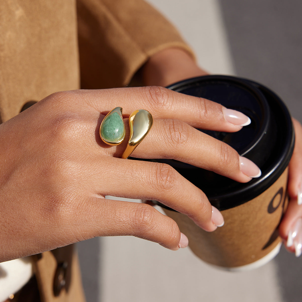 Asymmetric Two-Stone Ring – Green Jade, Mother-of-Pearl Ring for Women