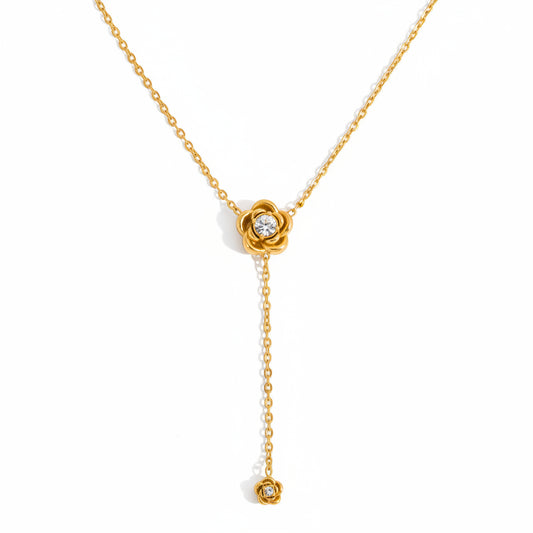 18K Gold Plated Flower Y Necklace for Women – Elegant Dainty Floral Pendant Jewelry