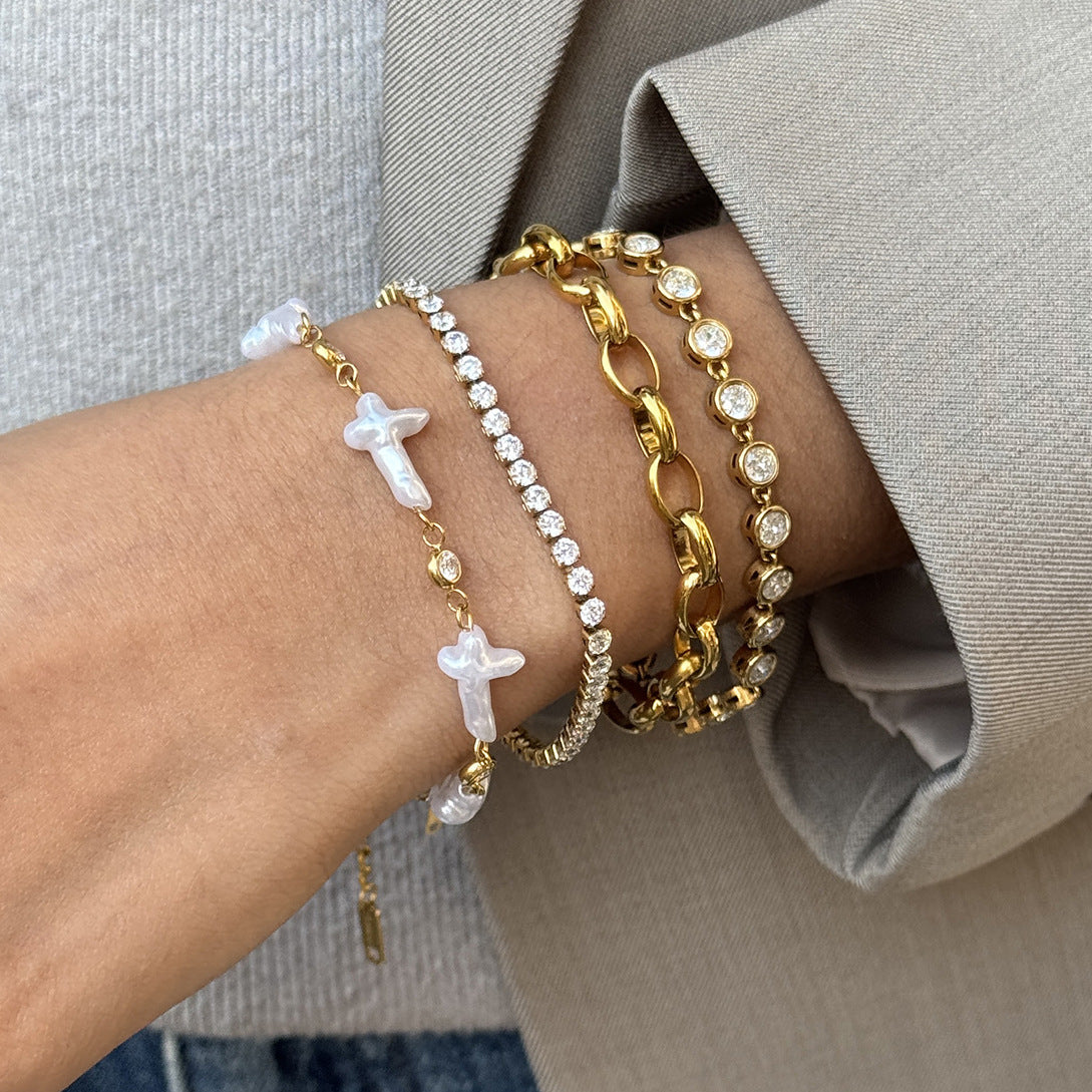 Layered Pearl and CZ Bracelet Set - Gold - Tone Jewelry for Women
