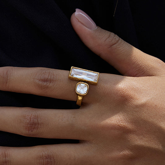 Vintage Two-Stone Ring – Rectangle Cut Crystal & Oval Milky Gemstone, Adjustable Open Band Boho Statement Ring for Women