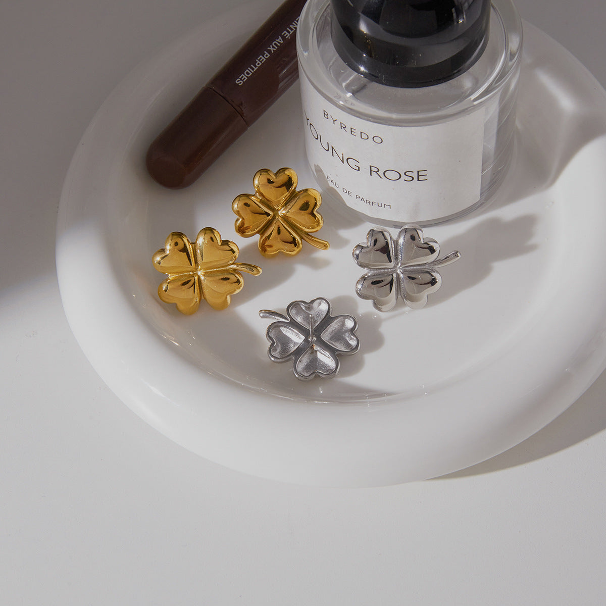 Stainless Steel Four-Leaf Clover Heart Earrings