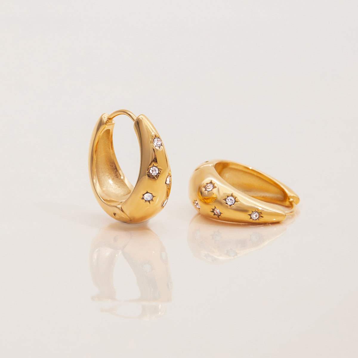 Gold Star Moon Hoops with CZ Gems, Lightweight Stud Earrings for Women Girl Jewelry Gifts