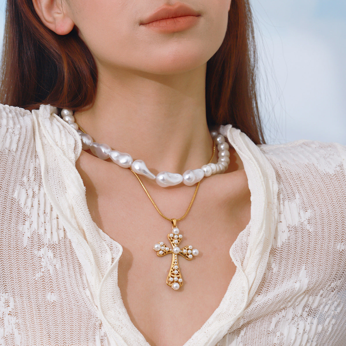 Stainless Steel Pearl Rosary Necklace