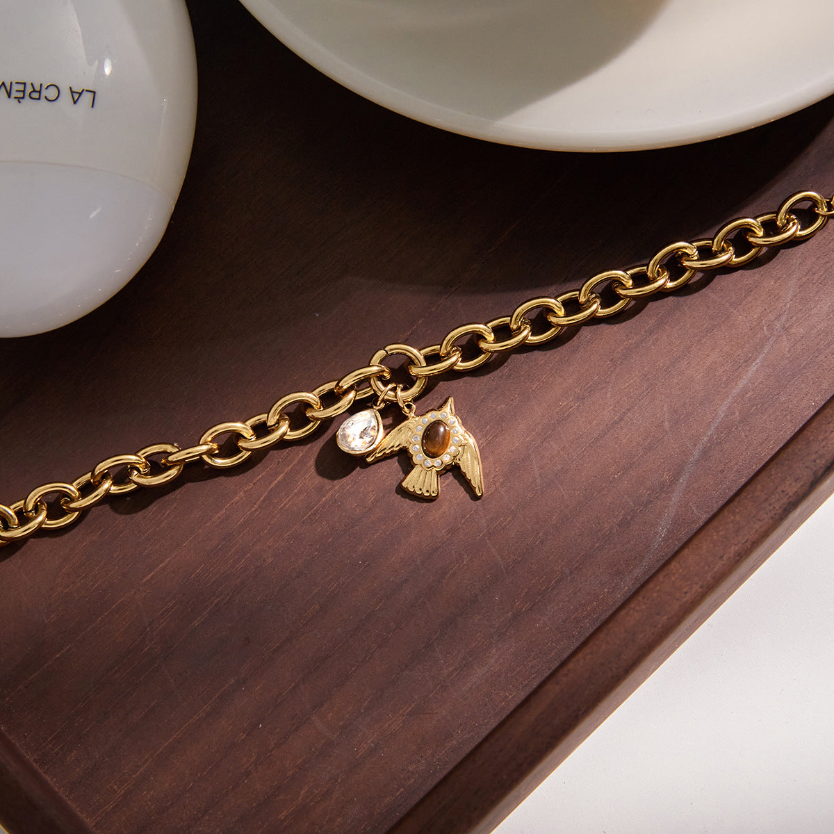 Gold Owl Charm Bracelet – Vintage Chain with Enamel & Crystal Details