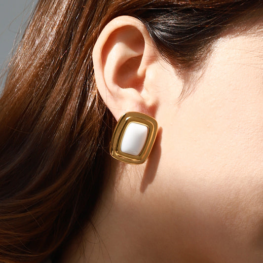 Vintage - style Gold - toned Square Earrings with White Inlay