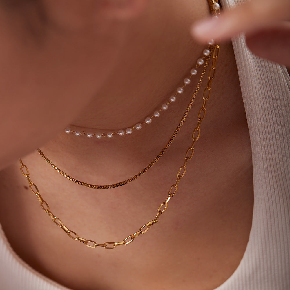 Stainless Steel Triple-Layer Women's Chain with Tiny Pearls