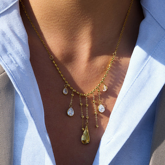 Golden Teardrop - Crystal Dangling Necklace