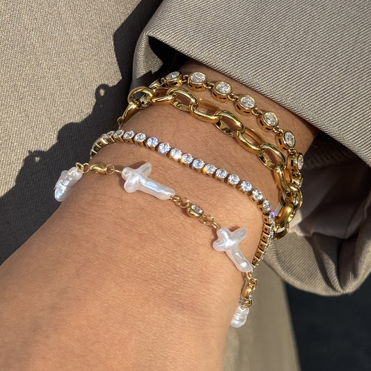 Layered Pearl and CZ Bracelet Set - Gold - Tone Jewelry for Women