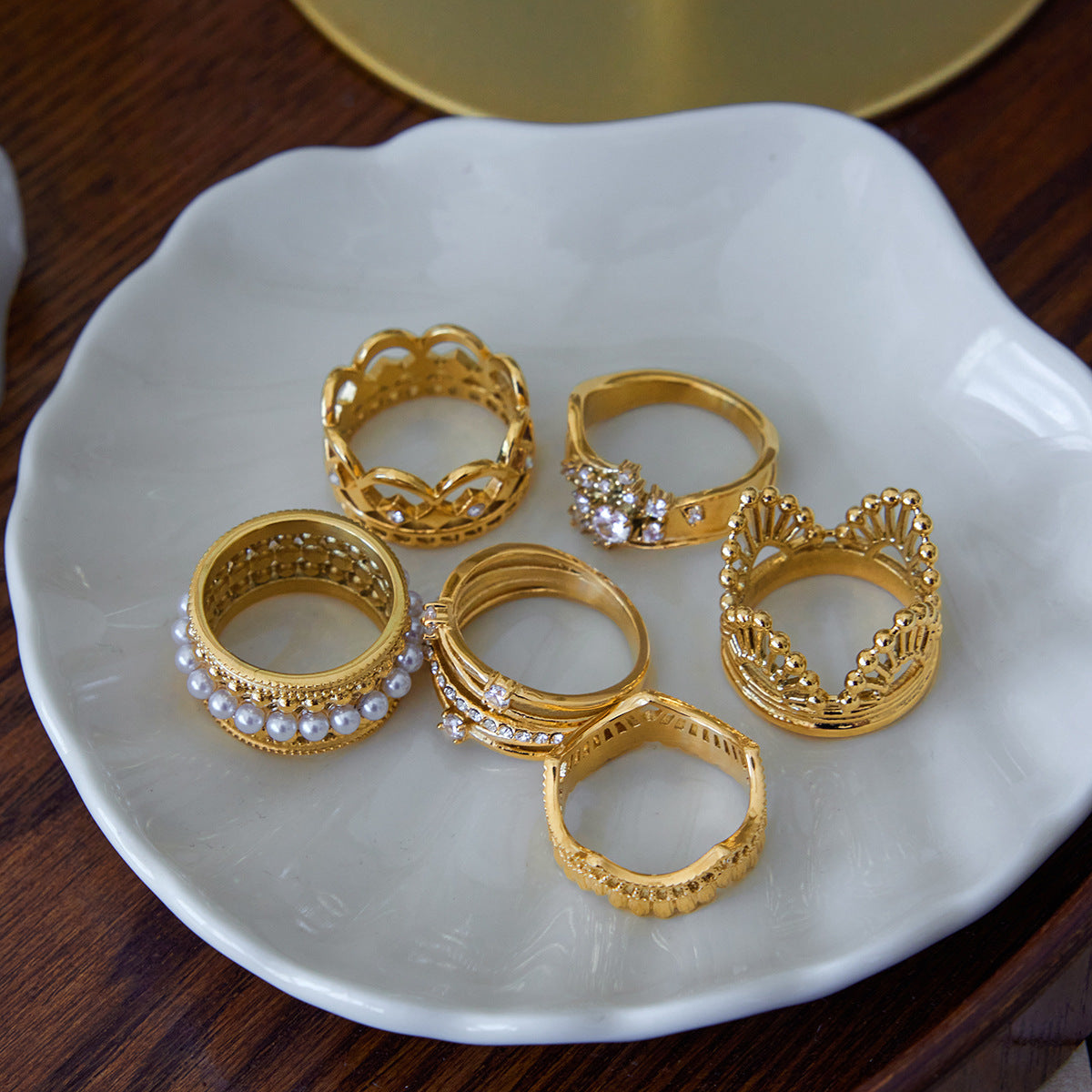 Vintage Stackable Rings – Baroque Crown, Pearl & Lace Design, Statement Finger Rings for Women