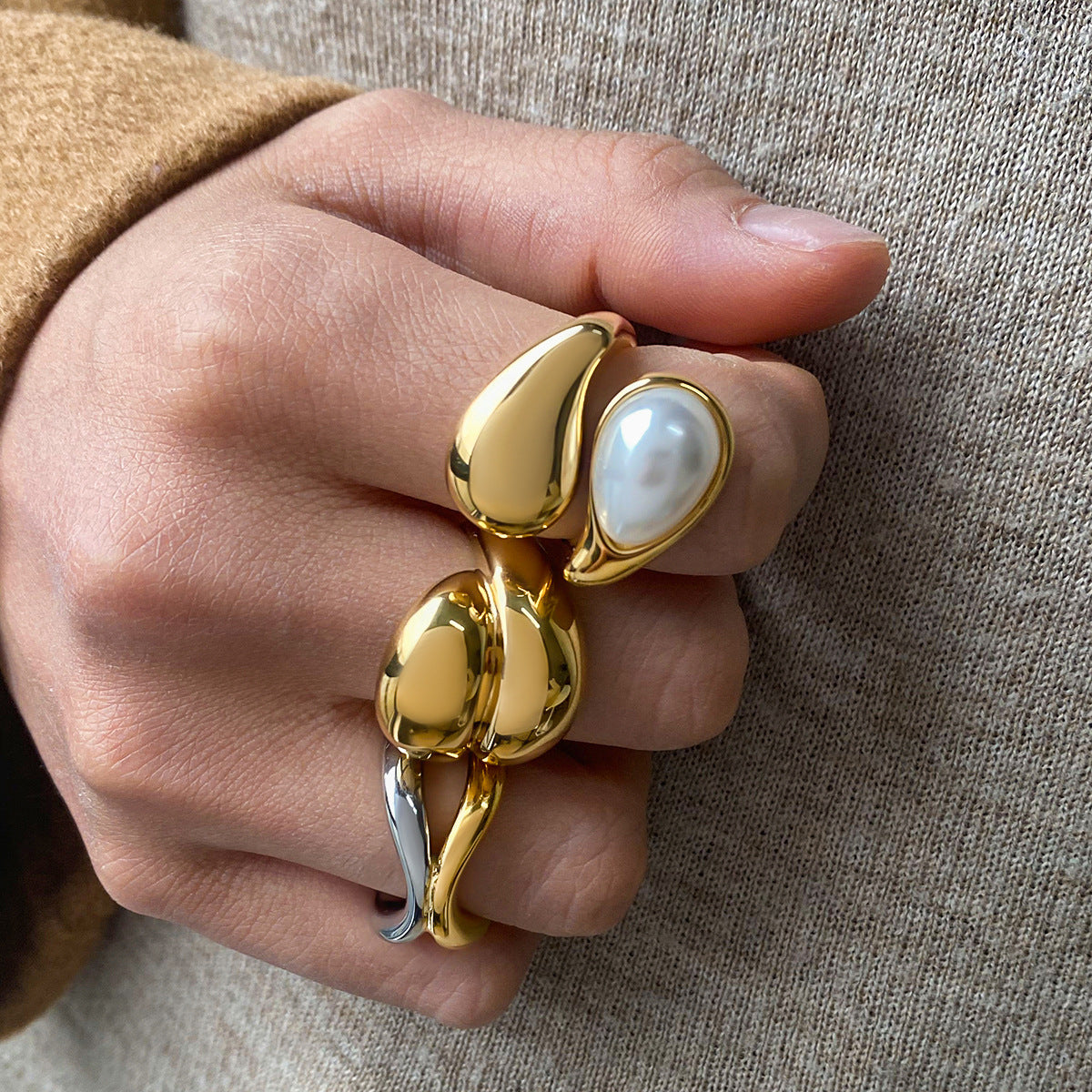 Organic Textured Gold Rings – Pearl & Metal Ball Statement Ring Set for Women