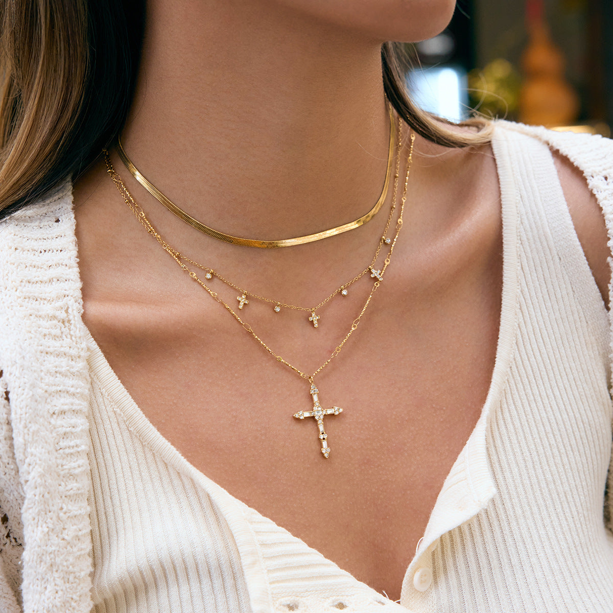 Elegant Diamond - Encrusted Cross Necklace
