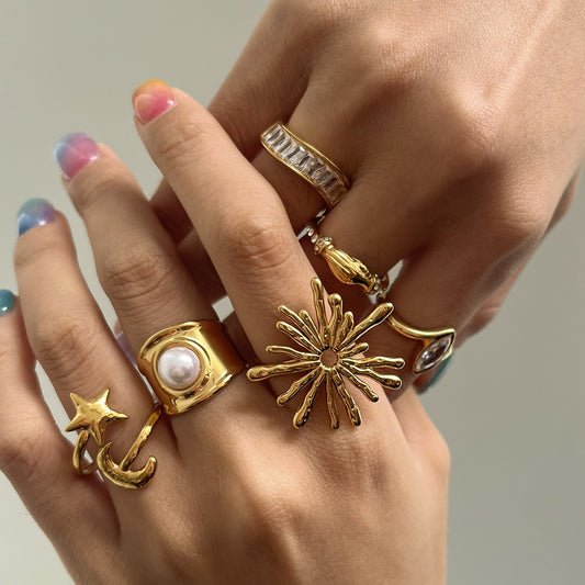 Bohemian Ocean-Inspired Stackable Rings – Star, Snake & Sunflower Designs, Gold-Tone Metal Jewelry for Women