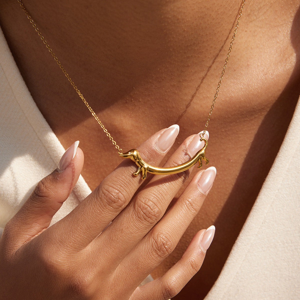 Layered Stainless Steel Necklaces with Dachshund Pendant and Crystal Accents
