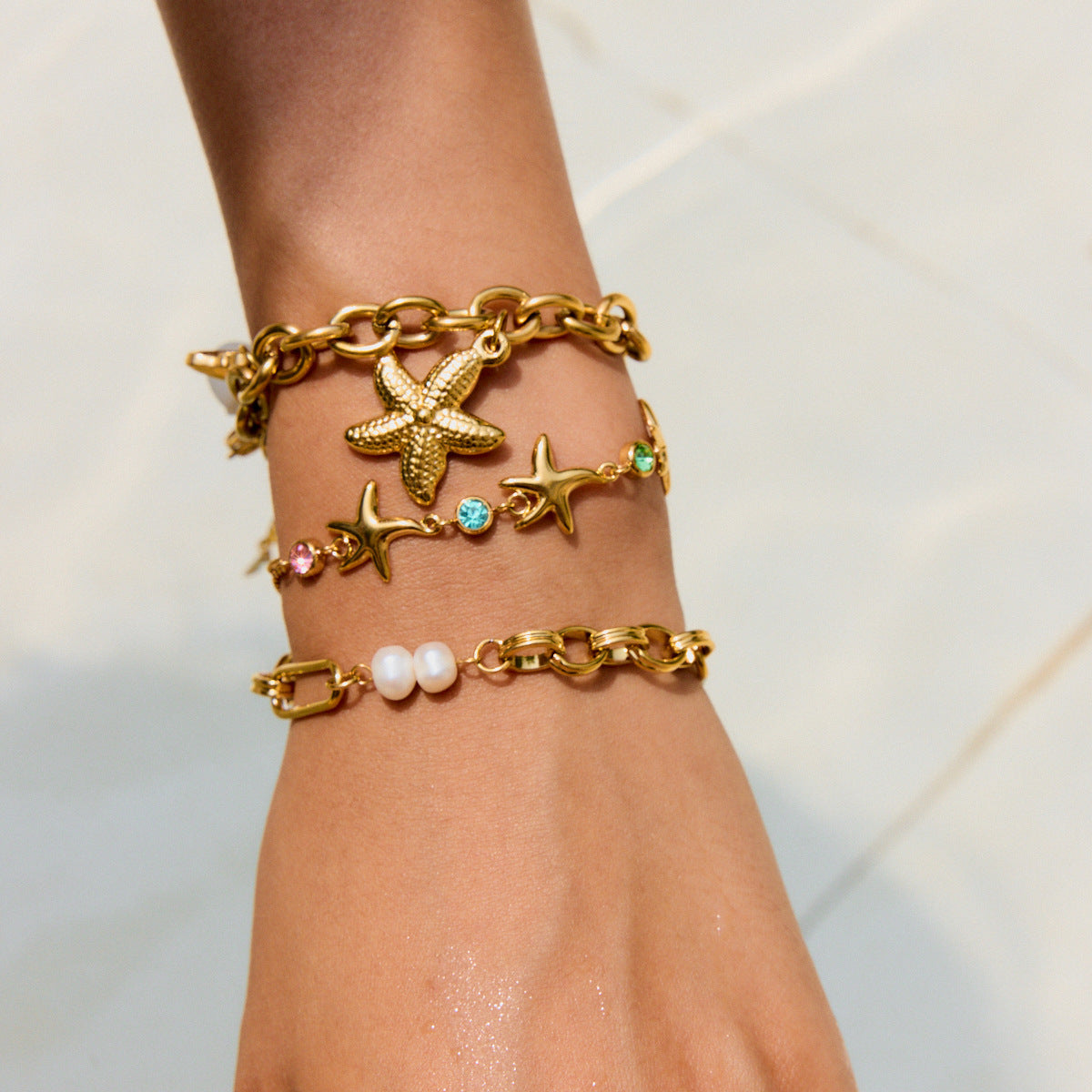 Layered Bracelet Set with Starfish, Seashell & Green Gemstones – Beach Resort Style