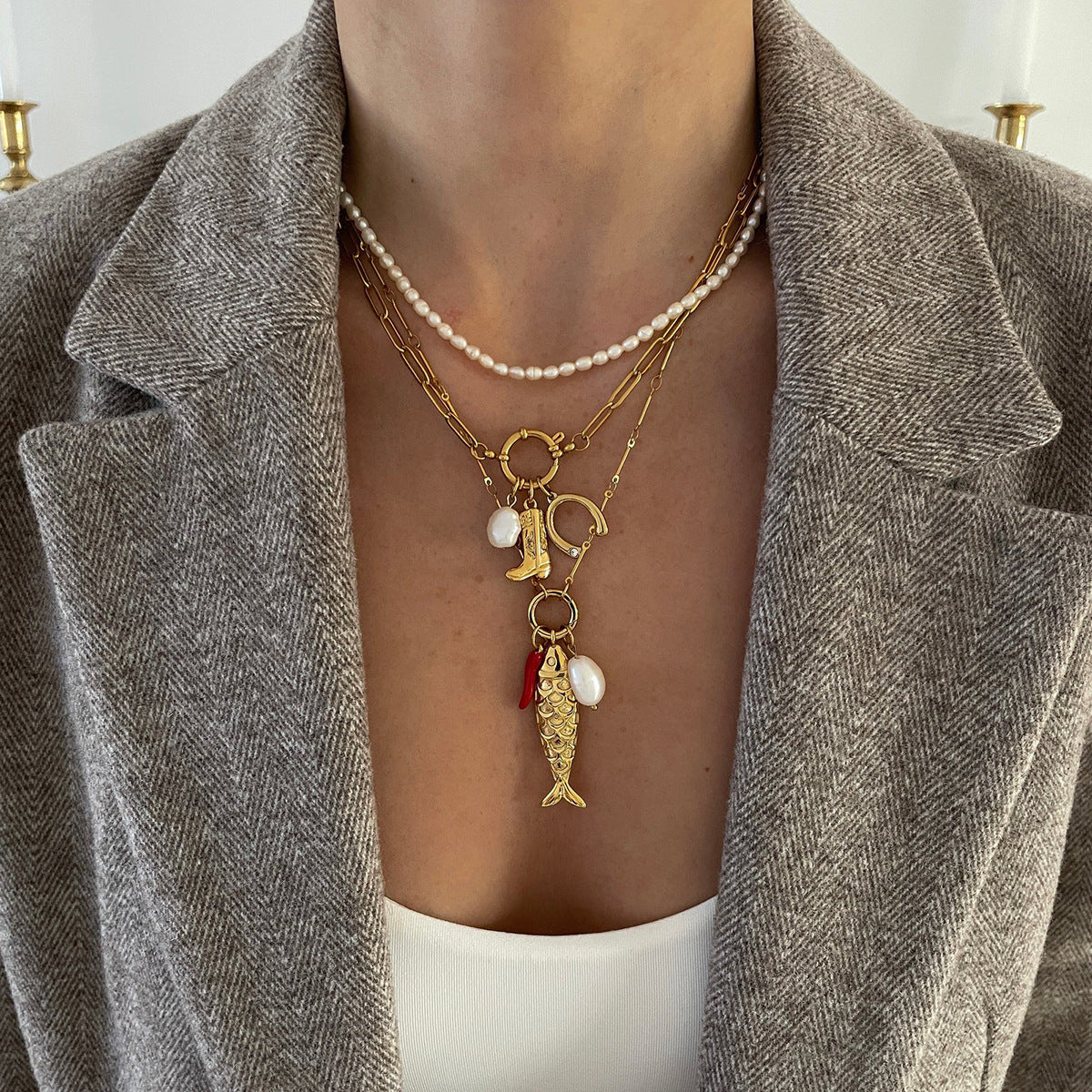 Multi - Layered Gold Necklace with Pearl and Charm Details