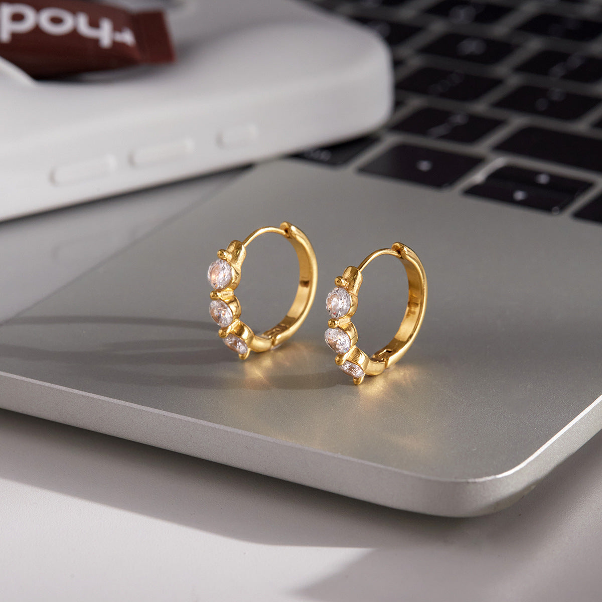 Gold - Plated Triple - Stone Hoop Earrings with Stud