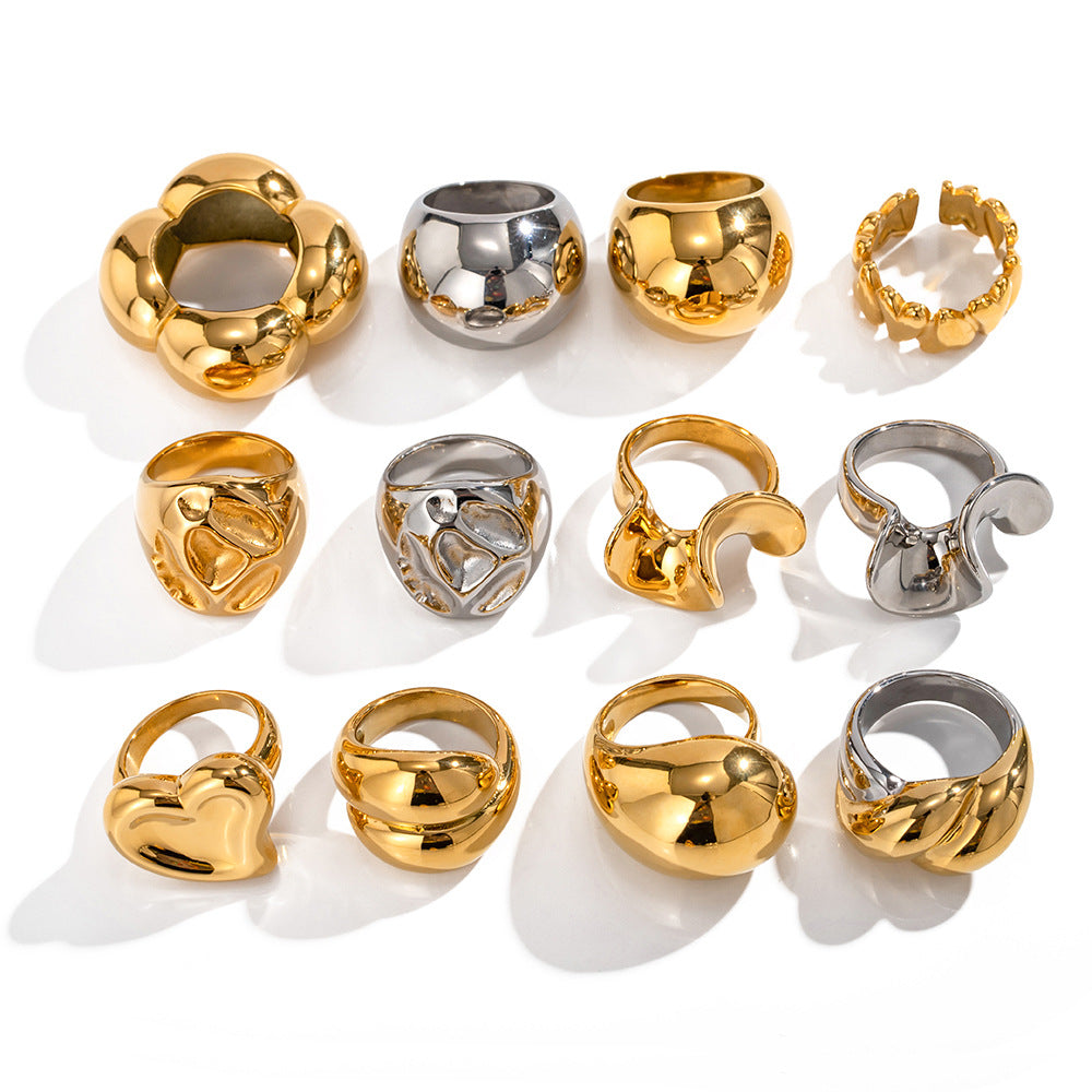 Gold & Silver Stackable Rings – Wide Textured Band, Wave Ring & Geometric Square Ring for Women