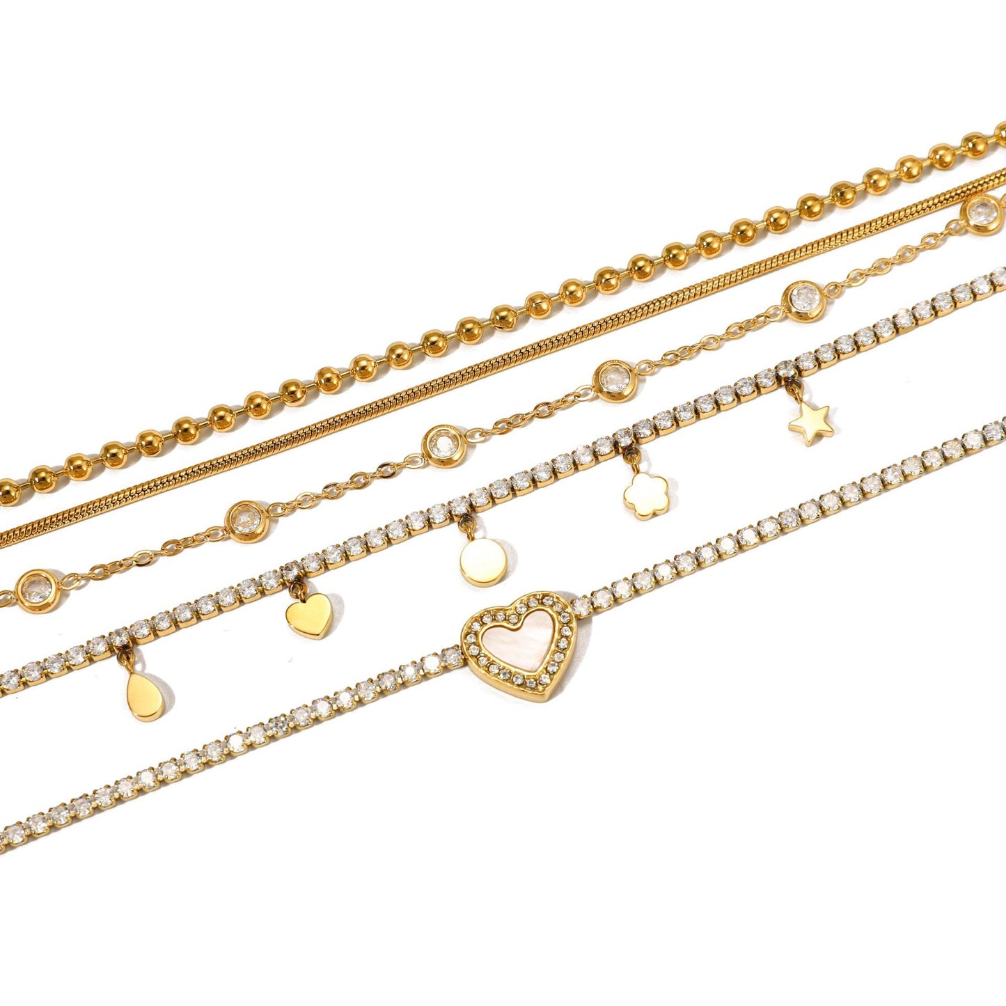 Layered Bracelet Set with Heart Pendant, Beads & Diamonds
