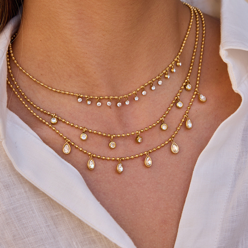 Dainty Gold - Filled Choker Necklace with Sparkling Cubic Zirconia Pendants