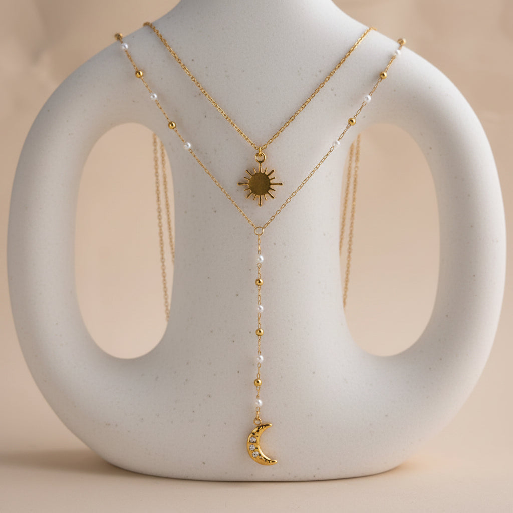 Gold Plated Sunburst Moon Y-Necklace